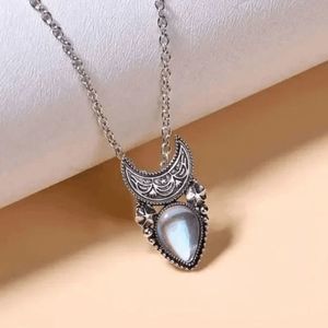 Silver Crescent Moon Moonstone Star Waterdrop Pendant Necklace